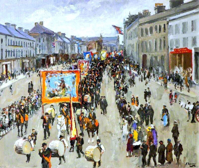 Lavery depicted both nationalist & unionist traditions & moved easily between parties. The 12th July, Portadown (1928), Ramsay MacDonald (1931), Sunbathers (1936) & Coronation Procession (1937)