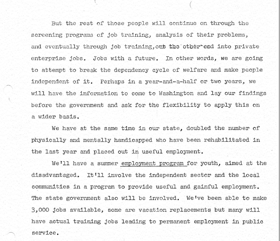 He opens in his usual jocular tone, with no indication of the gravity of the events unfolding across the nation, then launches into a whine about the number of people on welfare, and boasts about the humanitarianism of his anti-poverty polices...