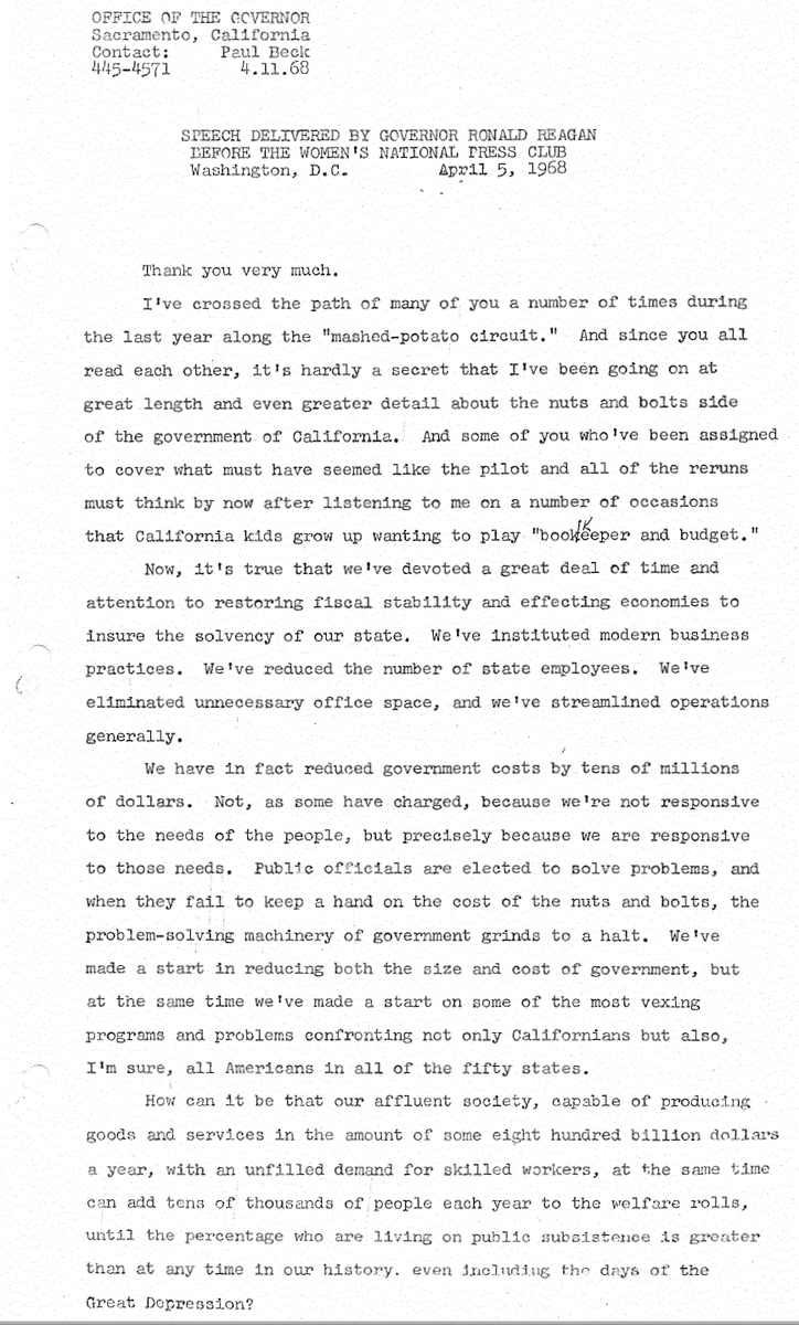 He opens in his usual jocular tone, with no indication of the gravity of the events unfolding across the nation, then launches into a whine about the number of people on welfare, and boasts about the humanitarianism of his anti-poverty polices...