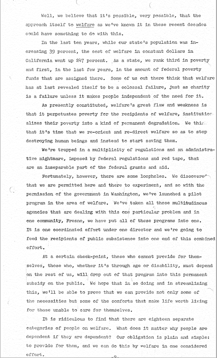 He opens in his usual jocular tone, with no indication of the gravity of the events unfolding across the nation, then launches into a whine about the number of people on welfare, and boasts about the humanitarianism of his anti-poverty polices...