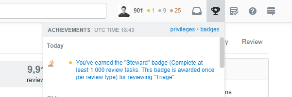 I have earned my first golden badge, the "Steward" badge, on Stack Overflow for reviewing 1,000 tasks.