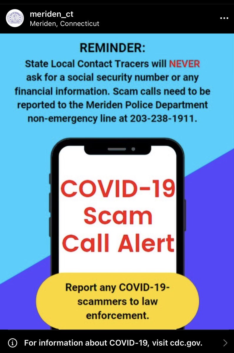 JFlynnLMS's tweet photo. Please read this warning from the Meriden health department about phone scams. @MaloneyMemos @straubmhs @lyons_barton @grkenyon @CityofMeriden @MeridenK12 https://t.co/cksBieKzHl