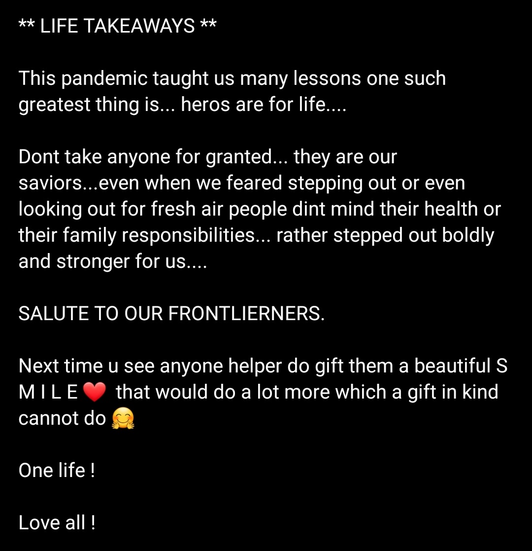 TamilBirdiesFC's tweet photo. #75DaysForShaheeraBirthday
#LifeTakeAways
Counting Back
#75thDay today
SALUTE TO OUR FRONTLIERNERS.
Next time u see anyone helper do gift them a beautiful S M I L E ❤ that would do a lot more which a gift in kind cannot do 🤗
@Shaheer_S
#TamilBirdiesFc https://t.co/VvCqDbh2zt