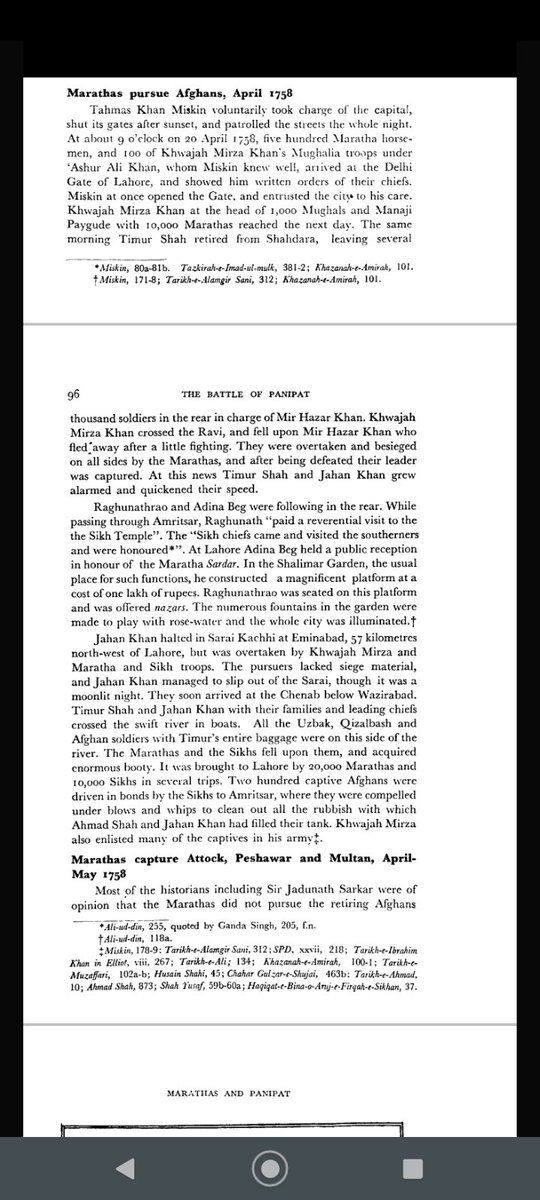 12. Marathas persued afghans upto Indus river Adina beg and Raghunath Rao who were following in rear paid reverential visit to sikh Temple and Sikh chiefs came and visited the southerners nd were hounered.
