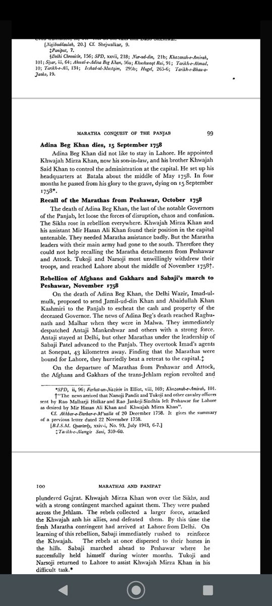 12. Marathas persued afghans upto Indus river Adina beg and Raghunath Rao who were following in rear paid reverential visit to sikh Temple and Sikh chiefs came and visited the southerners nd were hounered.