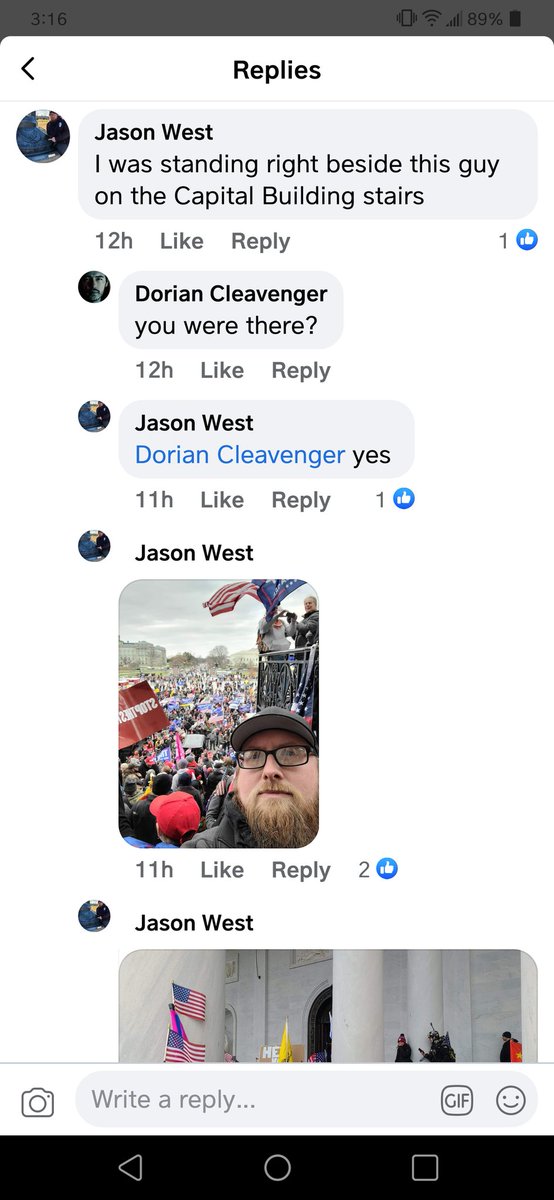 caa5492's tweet photo. @Sethrogen This guy posted about being next to horns guy while stormingthe capitol. Made me laugh because the guy Dorian Cleavenger (a die hard trump supporter) has been bending over backwards to blame antifa. Then his own buddy  starts posting pics there. So hes antifa now??? 😂 https://t.co/MnpumtqqdU