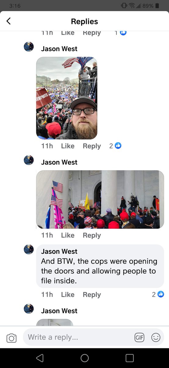 caa5492's tweet photo. @Sethrogen This guy posted about being next to horns guy while stormingthe capitol. Made me laugh because the guy Dorian Cleavenger (a die hard trump supporter) has been bending over backwards to blame antifa. Then his own buddy  starts posting pics there. So hes antifa now??? 😂 https://t.co/MnpumtqqdU