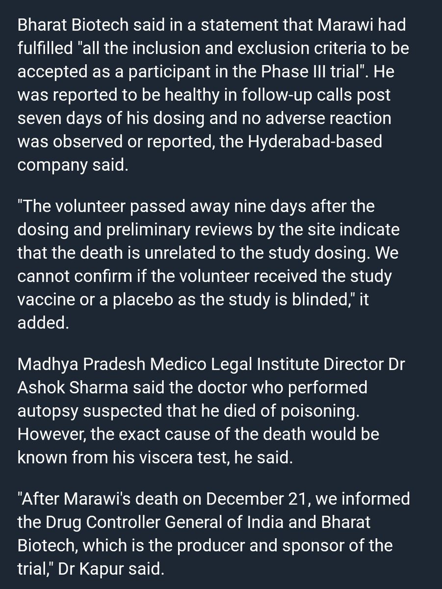 In point (c), Anoo said that  @BharatBiotech has "ABSOLVED themselves" by saying that death is unrelated to the vaccine or placebo, based on assessment (she doesn't mention if the assessment was complete or not). Well, I don't see this corroborate with this 