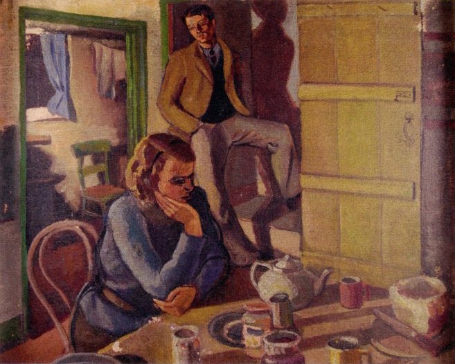  #BeyondRavilious - Peggy Angus painted some of the artists who came to Furlongs in the 30s. This work by her shows Eric Ravilious with Helen Binyon at Furlongs. Original artwork in a private collection.