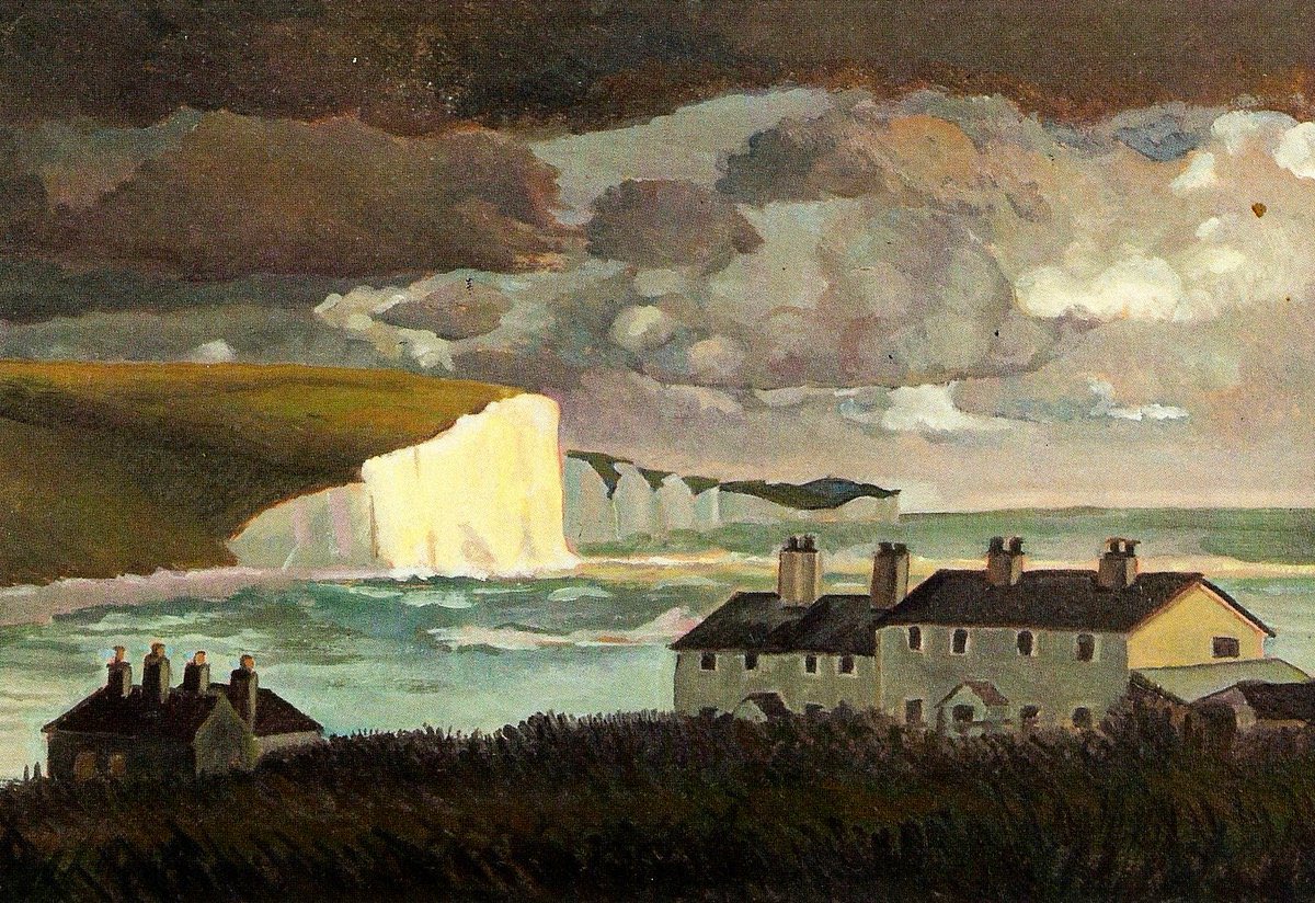  #BeyondRavilious - Peggy Angus continued her work after  #WW2, often painting places in  #Sussex where Ravilious had once worked: Coast Guard Cottages, Cuckmere, 1947.