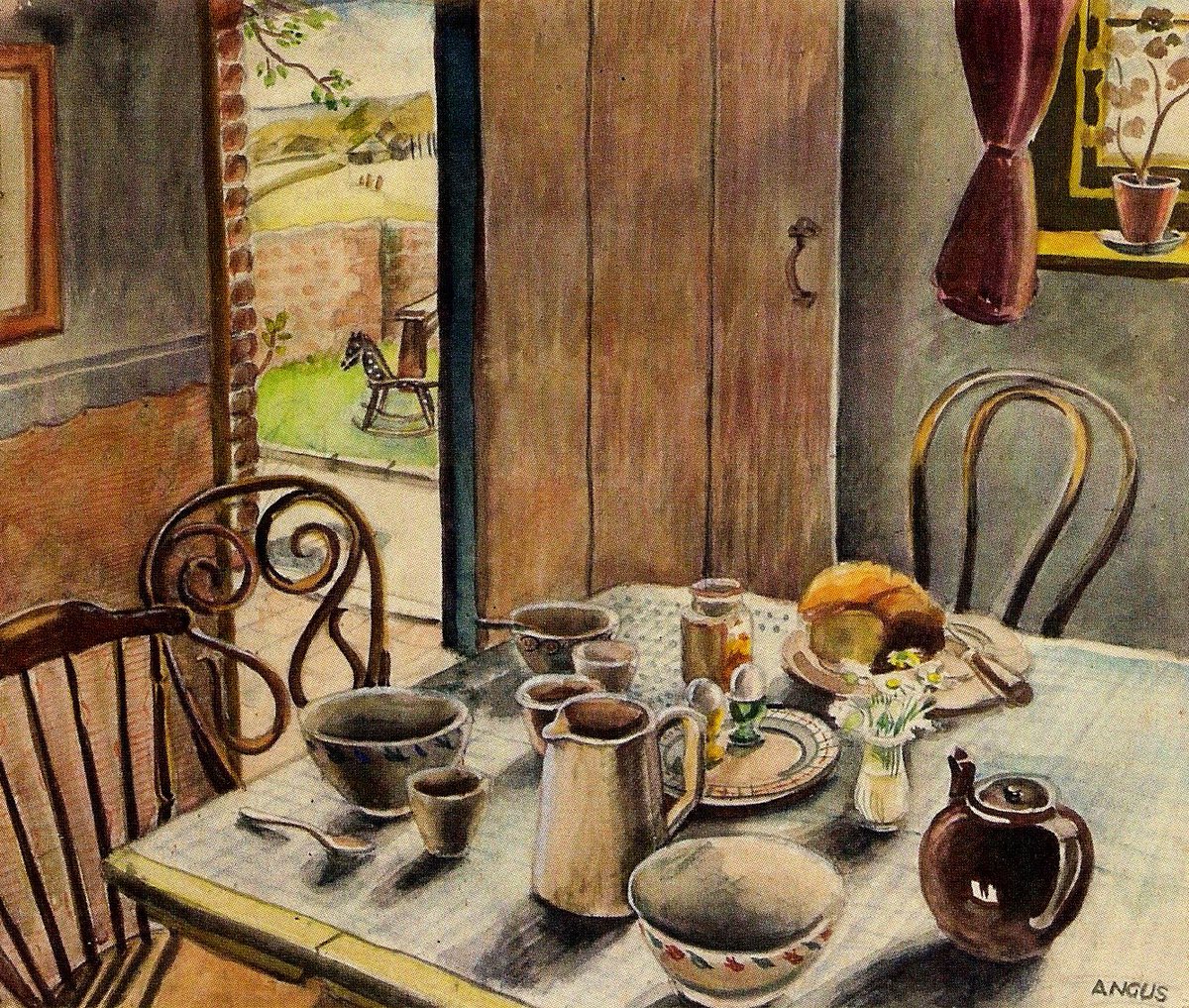  #BeyondRavilious - and by  #WW2 she was still at Furlongs, now teaching in Sussex and London. The Three Bears by Peggy Angus, c.1945 depicts breakfast at Furlongs at this time.