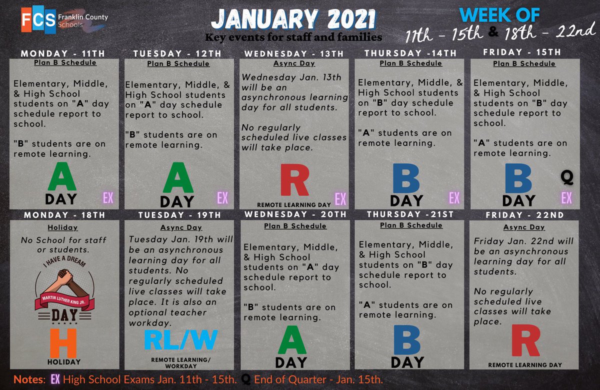 FCSchoolsNC's tweet photo. This week at a glance. High schools begin exams tomorrow and the quarter ends on Friday the 15th. #TraditionalCalendar https://t.co/JNCBEHkllt