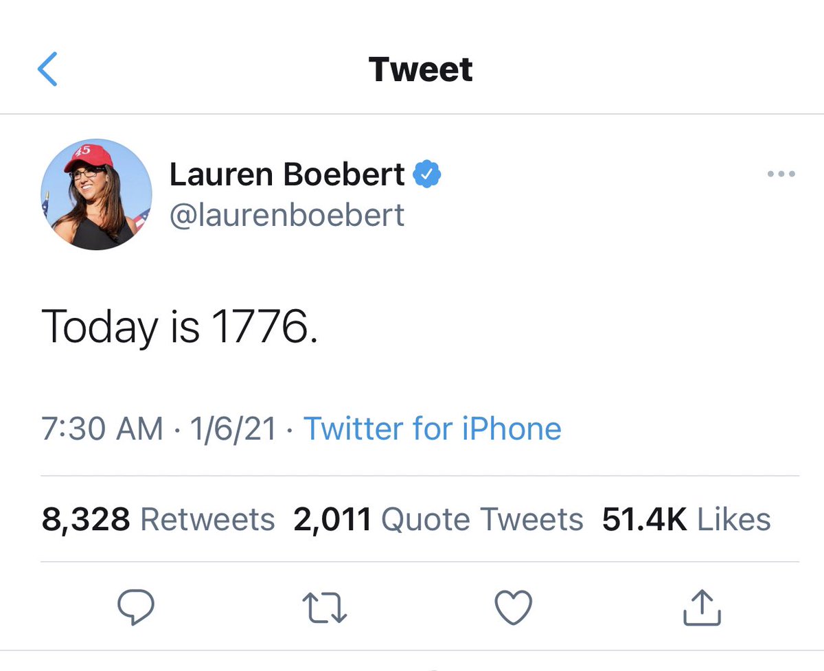 On the day the Trump terrorists entered the Capitol Building,  @laurenboebert tweeted, “today is 1776.” Later, Boebert tried to play “1776” off like it meant something else other than incitement to riot.  #RemoveBoebert  https://twitter.com/laurenboebert/status/1346811381878845442