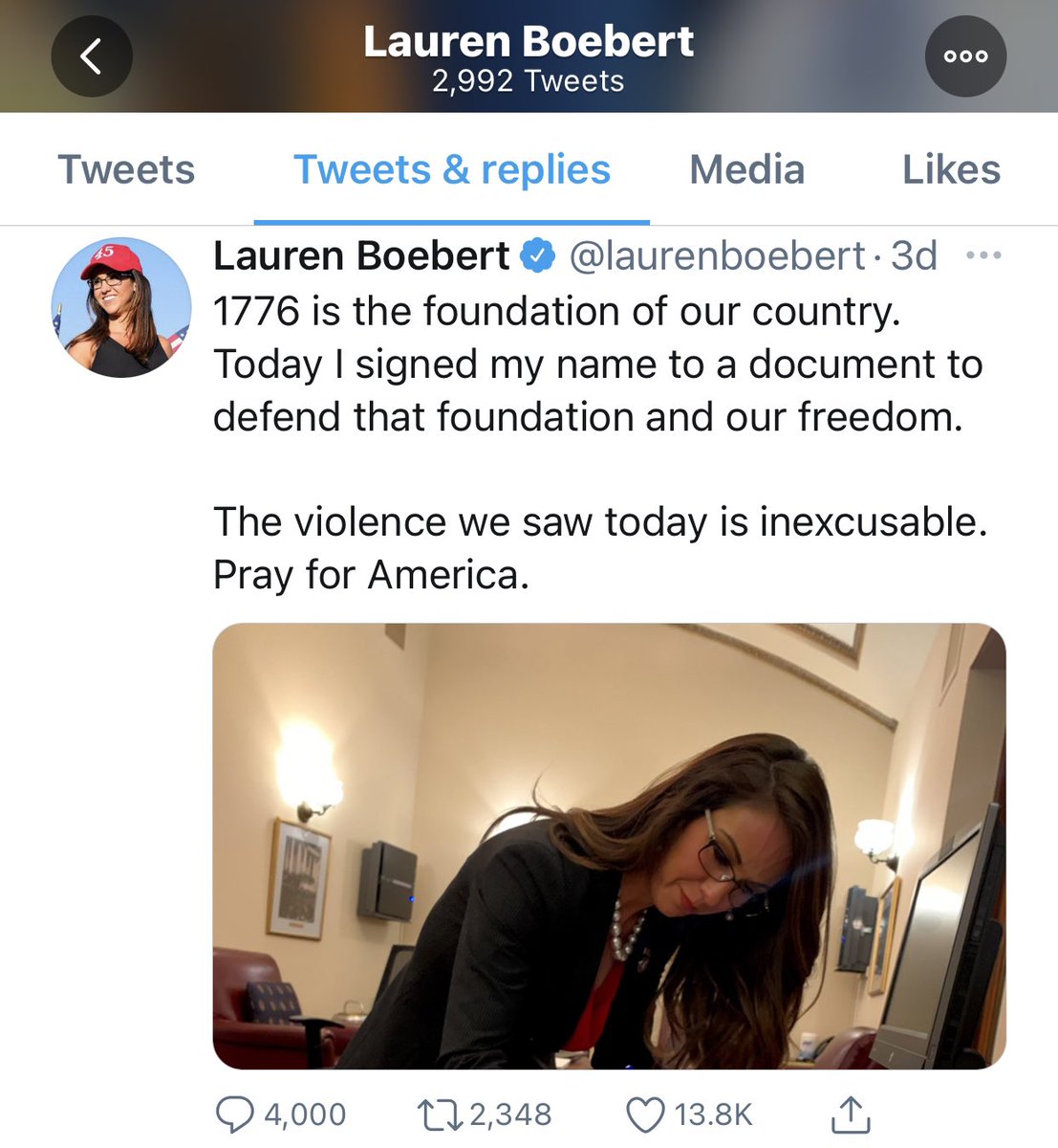 On the day the Trump terrorists entered the Capitol Building,  @laurenboebert tweeted, “today is 1776.” Later, Boebert tried to play “1776” off like it meant something else other than incitement to riot.  #RemoveBoebert  https://twitter.com/laurenboebert/status/1346811381878845442