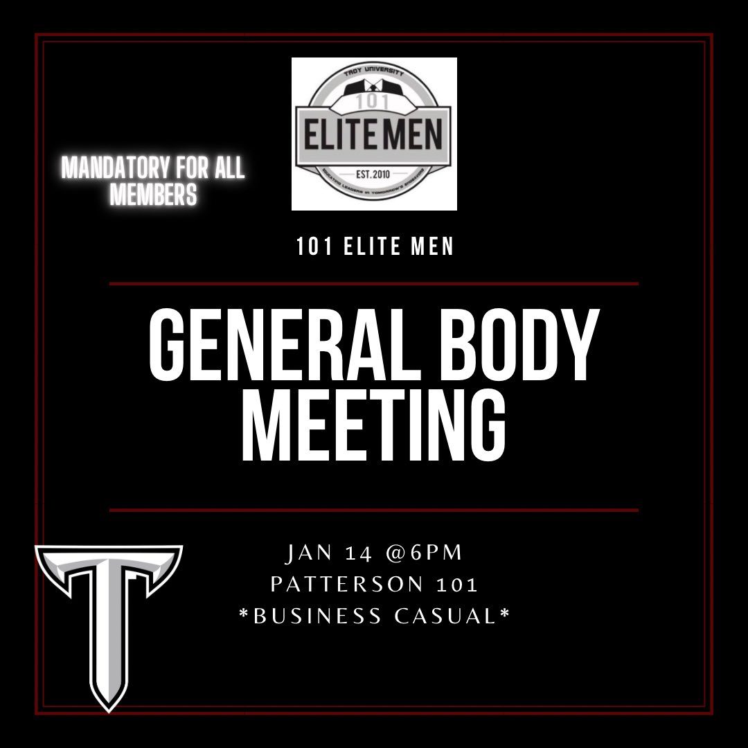 101Elite's tweet photo. General Body Meeting: Jan 14th @ 6pm. Patterson 101 *Business Casual* #BeElite ☝🏾 https://t.co/WISGfwGEkn