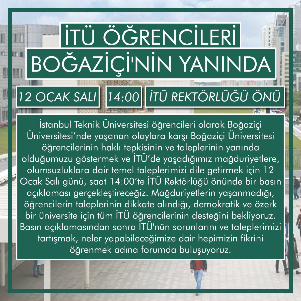itudialectic's tweet photo. 12 Ocak Salı günü 14.00’da Boğaziçi’nin yanında olduğumuzu yeniden hatırlatıyor, #KayyumRektörİstemiyoruz. https://t.co/an6XpnUtIN