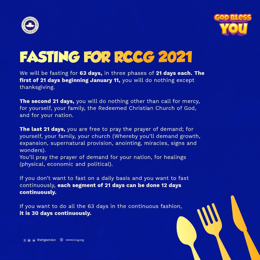 PastorEAAdeboye's tweet photo. We will be fasting for 63 days, in three phases of 21 days each. The first of 21 days beginning January 11, you will do nothing except thanksgiving.
The second 21 days, you will do nothing other than call for mercy, for yourself, your family, the Redeemed Christian Church of God, https://t.co/qUPV6bPePu