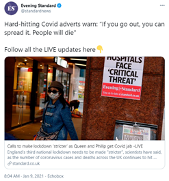 6. The same (old) words were used in the Evening Standard’s tweet about the new campaign - “If you go out, you can spread it. People will die" - but the link takes you to the new message.