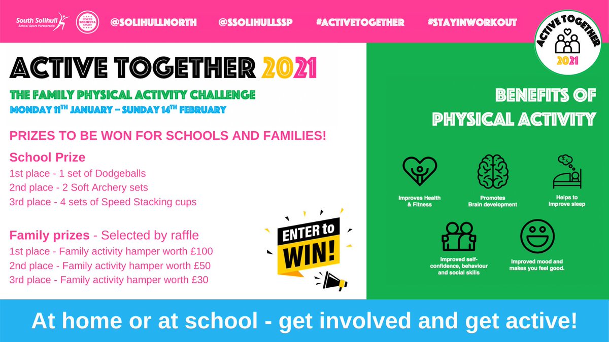 SolihullNorth's tweet photo. The Active Together 2021 challenge starts today! 

Accessible to Solihull schools and families with some fantastic prizes up for grabs! 

Each day we will be posting a Physical Activity idea to support you in moving more and completing the challenge. 

Let's go!

@YourSchoolGames https://t.co/RptI2XHS9j
