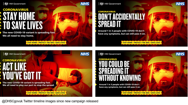 7. Scrolling down the DHSC timeline to 8.1.21, the new campaign uses some images from the first lockdown campaign, but with wording adapted to the current situation.