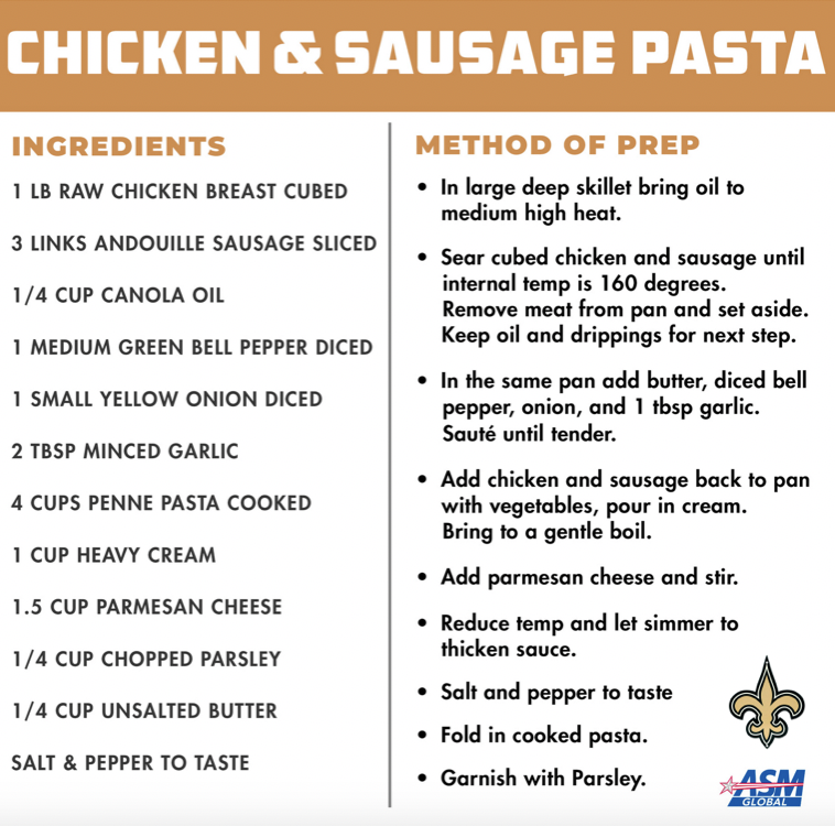 sodexo_live's tweet photo. If you aren't one of the 3,000 fans at the @MBSuperdome  for today's @Saints playoff game against the @ChicagoBears, try making this cajun-inspired Chicken &amp; Sausage Pasta from Chef Lenny, and enjoy a taste of the #DomeAtHome. #Saints #ForNOLA https://t.co/6Yrf90vAWg