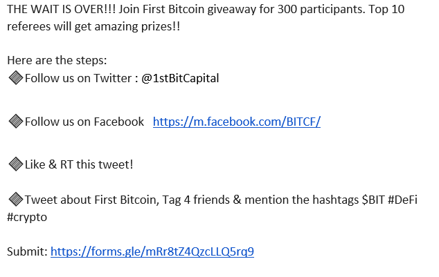 1stBitCapital's tweet image. The wait is over! Join $BITCF's giveaway for 300 participants! Click on the image for the rules! @1stBitCapital $BIT #DeFi #crypto
🔶Don't forget to️follow us on Facebook  m.facebook.com/BITCF/

Submit: forms.gle/mRr8tZ4QzcLLQ5…