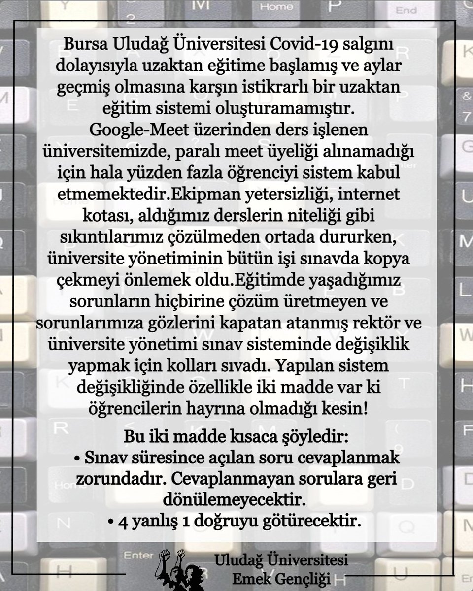 bursa_emek's tweet photo. Uludağ Üniversitesi öğrencileri için final sınavları yarın başlıyor. Yeni sınav yönetmeliği ile öğrencilerin kopya çekmesi engellenmeye çalışılırken öğrencilerin aldığı eğitimin niteliğine dair tek kelime dahi edilmiyor!
 #uüöğrencileriitirazediyor #uludağüniiptalbekliyor https://t.co/wX6qSHBXxF