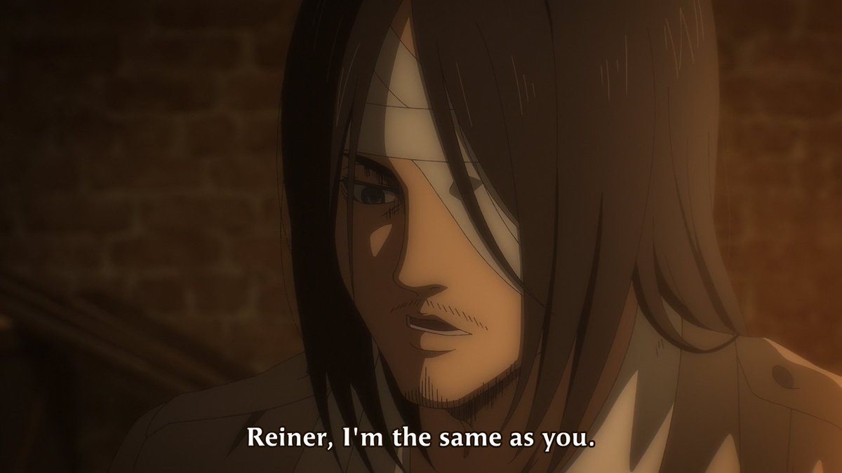 The idea behind the OST at the end of today's  #AOT episode was in fact good*:After thinking about it a bit, it seems like they went with the drums of war to emphasize Willy's declaration. There's an interesting connotation with how Eren and Reiner are.. #AOTDeclarationOfWar  https://twitter.com/MezuEko/status/1348348788184911874
