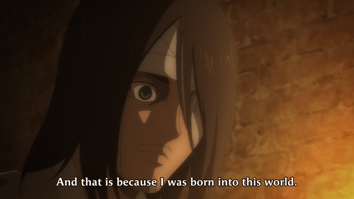pitted as two sides of the same coin. Both sides tell themselves they're free to act the way they did "because they were born in this world" as they justify themselves as the heroes of the storyBut the irony here is that as soon as Willy reveals that- #AOTDeclarationOfWar  #AOT
