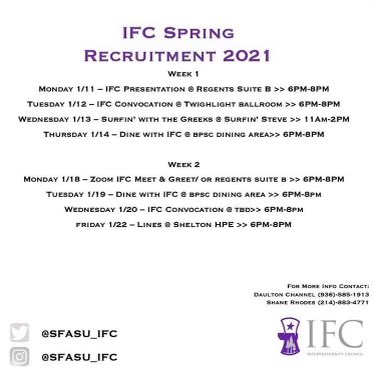 SFAPIKE's tweet photo. Spring Rush Schedule is out! #RushIFC https://t.co/fmxPFcbiGo