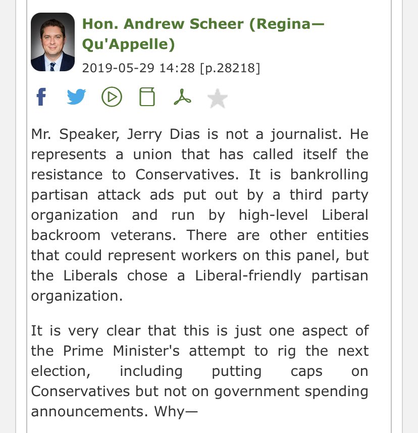 It wasn't just this one instance but a feature of the CPC leading into the last election. Here's a few examples of what was said in the House of Commons and broadcast back to their supporters on social media: https://twitter.com/tylerwatt90/status/1347730208166731777