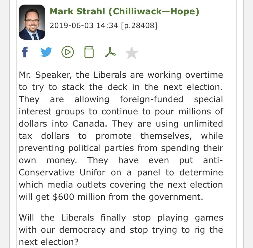 It wasn't just this one instance but a feature of the CPC leading into the last election. Here's a few examples of what was said in the House of Commons and broadcast back to their supporters on social media: https://twitter.com/tylerwatt90/status/1347730208166731777