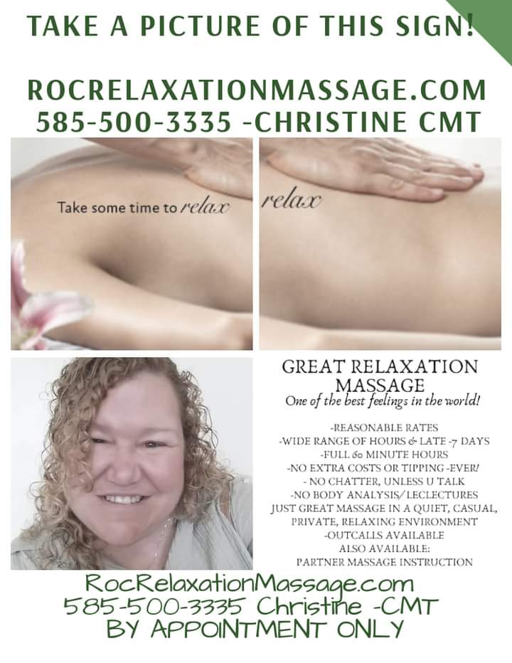 RocRelaxation's tweet photo. Relieve stress! 
For good health, good healing &amp; your best life!     
Great Massage! Great Price! Covid safe sanitizing!
No tipping. Quiet, Private.
Rochester, NY &amp; Lima, NY
Or I can come to you! 
Call/text: 585-500-3335 10-10pEST https://t.co/mNzcp0pcsp