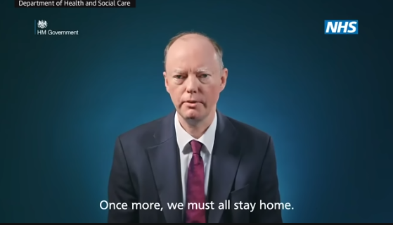 2. On Friday night, to prepare for the interview, I duly looked at  @DHSCgovuk's campaign. Prof Whitty speaks to camera: “We must all stay home. If it is essential to go out, remember wash your hands, cover your face indoors, and keep your distance from others.”
