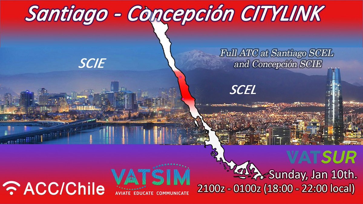 vatsur's tweet photo. Looking where to fly? Well, we have a few events coming up tonight! 

We are going to get started with a Citylink at Chile and the weekly event hosted by @vatsimar, followed by "The Jungle Flight", between SEQM and SKCL. Don't overthink it, come visit South America! https://t.co/FZfpPLsHHV