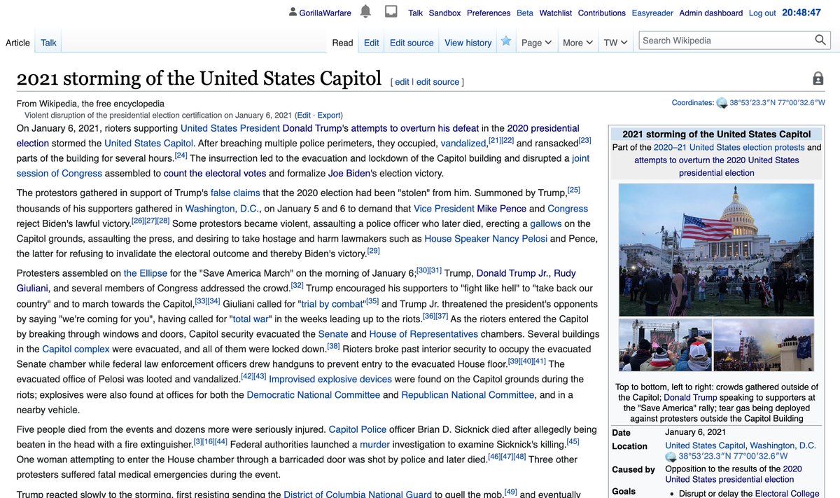 As the news broke on Wednesday that there was a riot at the U.S. Capitol, volunteer  #Wikipedia editors worked to document what was happening. A thread about the fascinating process of breaking news editing: