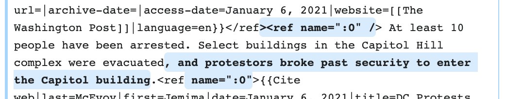Shortly after 2 p.m. EST, protesters breached the Capitol building. The information was first introduced to the article at 2:33 p.m. EST, and at this point many editors began rapidly updating the page.