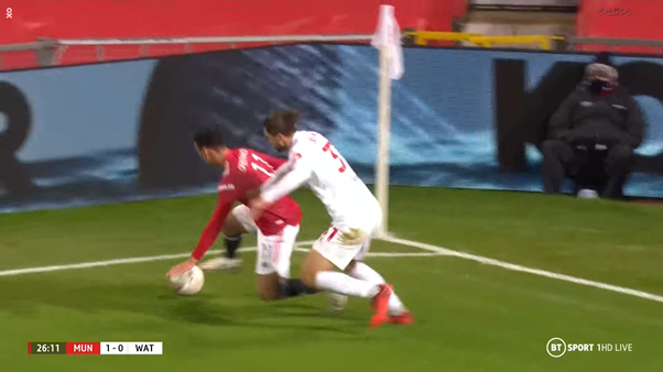 Greenwood also ran the channels multiple times, helping progress the ball for his side. Here are two examples where he ran the channels, in the 1st he holds the ball up and retains possession and in the 2nd he can't hold it up and the ball goes for a Watford throw-in.