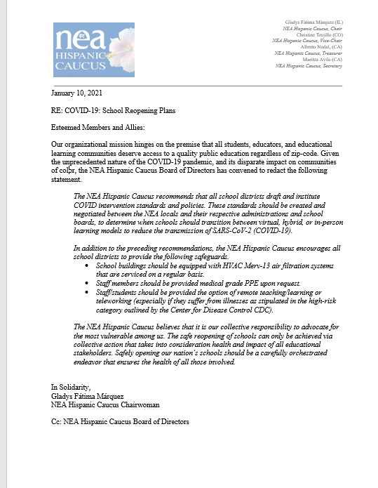 NEAHCNews's tweet photo. The NEA Hispanic Caucus Statement of the Re-Opening of Schools #demandsafeschools #notuntilitissafe #neahispaniccaucus https://t.co/cC8b70f8r2