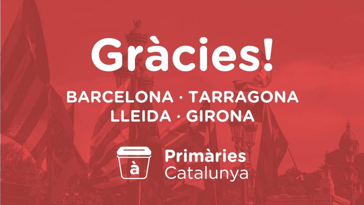 🔥 COMUNICAT. El moviment Primàries Catalunya assoleix els avals suficients per BARCELONA!!!

Lleida, Girona, Tarragona i Barcelona presentaran demà els avals que fan realitat les 4 llistes del moviment independentista Primàries Catalunya.

ENHORABONA #ElPoderDelPoble