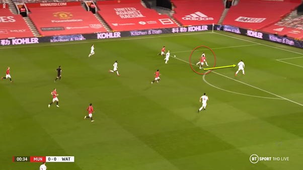 These examples show 2 situations where James is in a wide area. Greenwood doesn't move away from his marker with a sprint or change in movement. Both times he made it easier for the defenders and more difficult for James, even if his execution was poor both times.