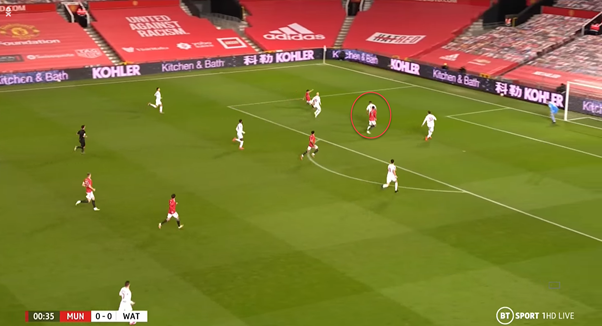 These examples show 2 situations where James is in a wide area. Greenwood doesn't move away from his marker with a sprint or change in movement. Both times he made it easier for the defenders and more difficult for James, even if his execution was poor both times.