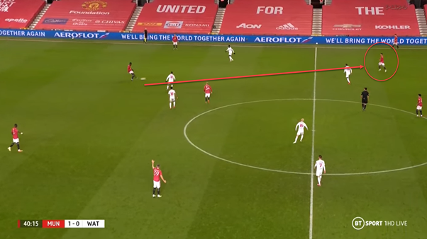 In this example we see Greenwood drop into the half-space to receive the ball from Tuanzebe. After receiving, he turns and plays the ball to James and then makes a third man run so that van de Beek can ultimately play him through into the final third. Nice play.