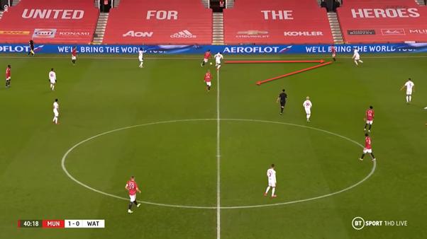 In this example we see Greenwood drop into the half-space to receive the ball from Tuanzebe. After receiving, he turns and plays the ball to James and then makes a third man run so that van de Beek can ultimately play him through into the final third. Nice play.