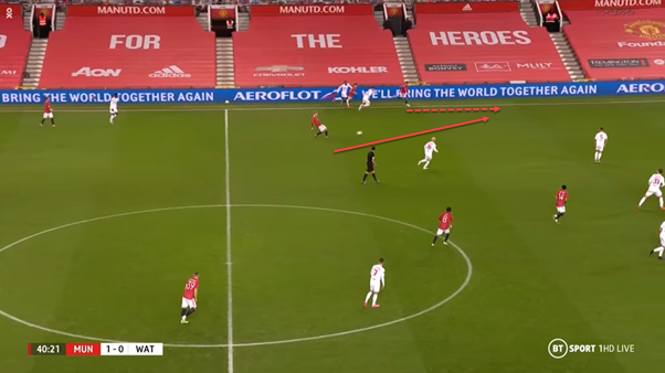 In this example we see Greenwood drop into the half-space to receive the ball from Tuanzebe. After receiving, he turns and plays the ball to James and then makes a third man run so that van de Beek can ultimately play him through into the final third. Nice play.
