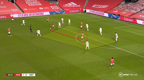 Greenwood was also involved in United's best combination through the match.He moved into a pocket of space to receive the pass from Mata and then plays a good pass into van de Beek, against the backline. His flick finds Mata's run, whose shot is saved by the goalkeeper.
