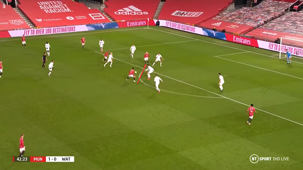 Greenwood was also involved in United's best combination through the match.He moved into a pocket of space to receive the pass from Mata and then plays a good pass into van de Beek, against the backline. His flick finds Mata's run, whose shot is saved by the goalkeeper.