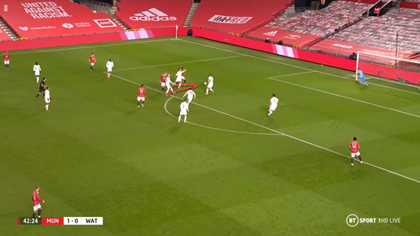 Greenwood was also involved in United's best combination through the match.He moved into a pocket of space to receive the pass from Mata and then plays a good pass into van de Beek, against the backline. His flick finds Mata's run, whose shot is saved by the goalkeeper.