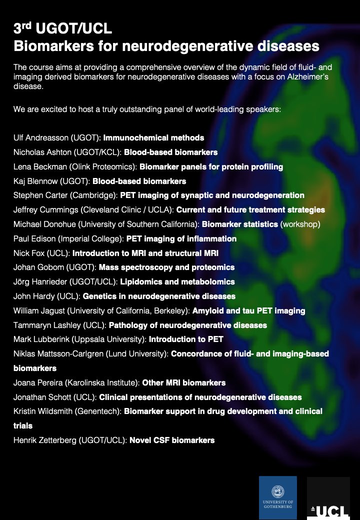 Great news to start off the year: We will arrange our joint UGOT/UCL course “Biomarkers for Neurodegenerative Diseases” again on May 24-28, 2021 as a hybrid in-person/virtual event depending on the COVID-situation. The lineup is fantastic, and the course will be free of charge.