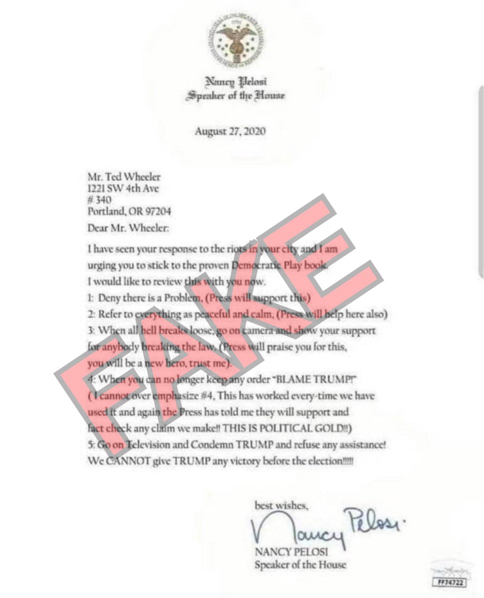 With a laptop from House Speaker Nancy Pelosi's office missing, efforts to spread misinformation will be rampant. A letter is already circulating online that purports to show Pelosi communicating with Portland Mayor Ted Wheeler.It is an obvious fake.